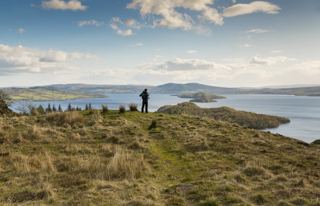 Fottur Walker taking in the view of Loch Lomond from Conic Hill part of the West Highland Way
