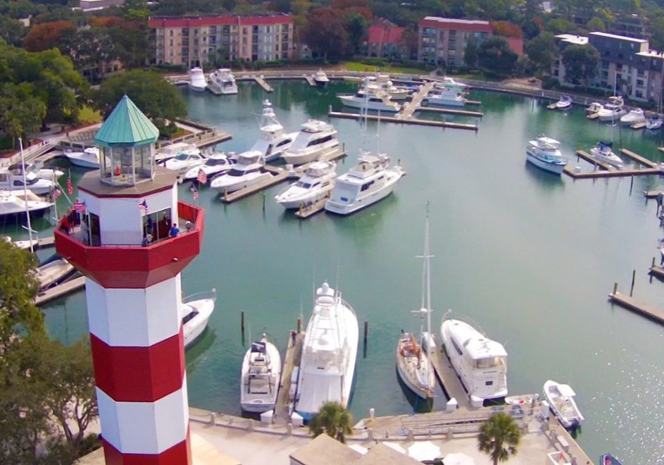 Aerial shot of Harbour Town Marina in Hilton Head's Sea Pines Plantation.